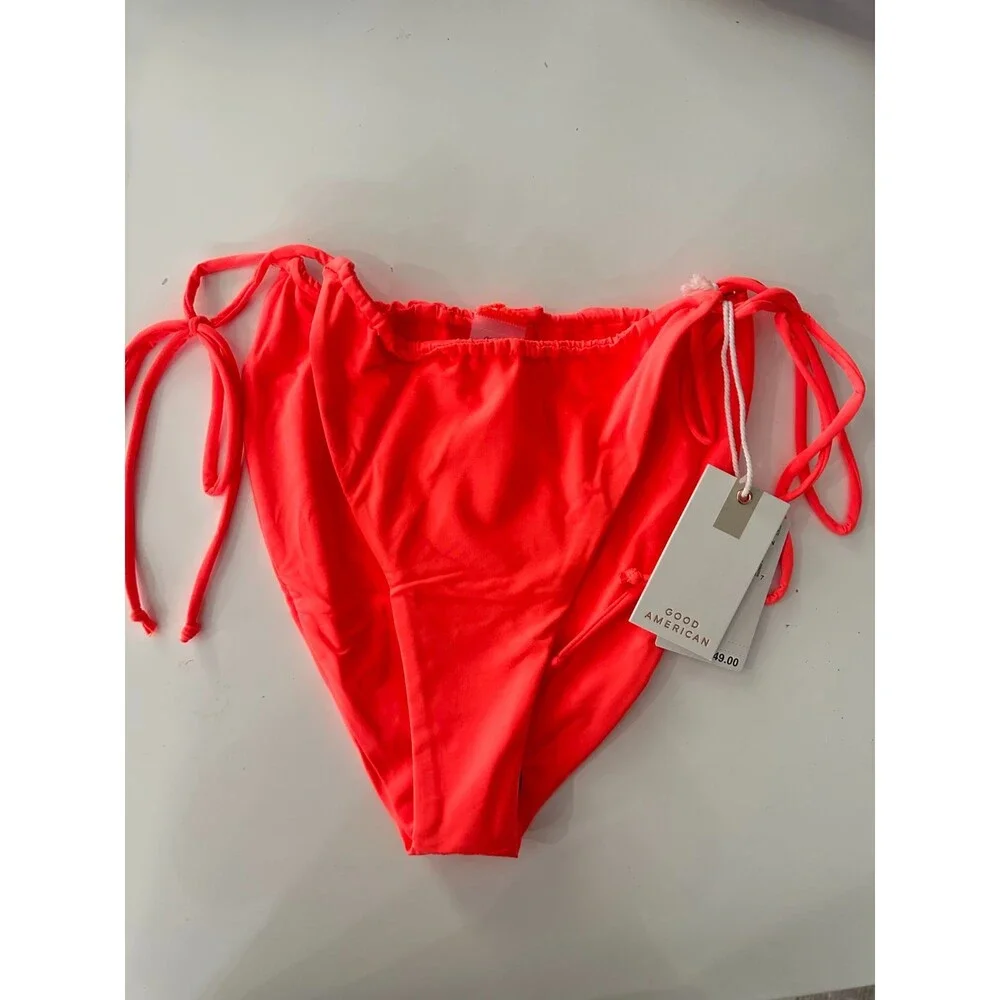 Good American Side Tie Bikini Cheeky Adjustable Bottoms Hot Coral NWT Size 4